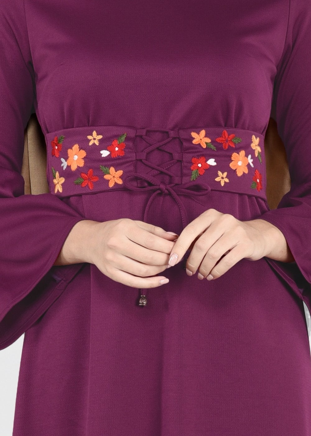 Tesettür giyim MOR İSPANYOL KOL KUŞAKLI ELBİSE  0583 