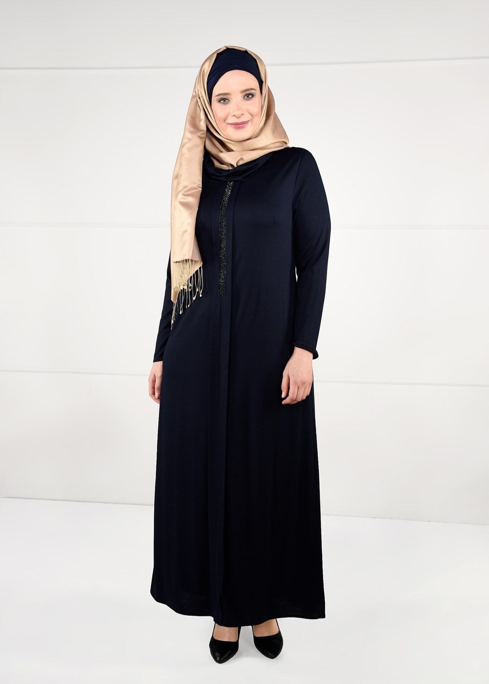 Tesettür giyim LACİVERT TAŞ BASKI DETAYLI ELBİSE 2645
