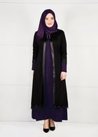 Tesettür giyim MOR DERİ BİYE ŞERİTLİ GÜPÜRLÜ 2Lİ ELBİSELİ TAKIM 2657 