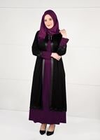 Tesettür giyim MOR DERİ BİYE ŞERİTLİ GÜPÜRLÜ 2Lİ ELBİSELİ TAKIM 2657 