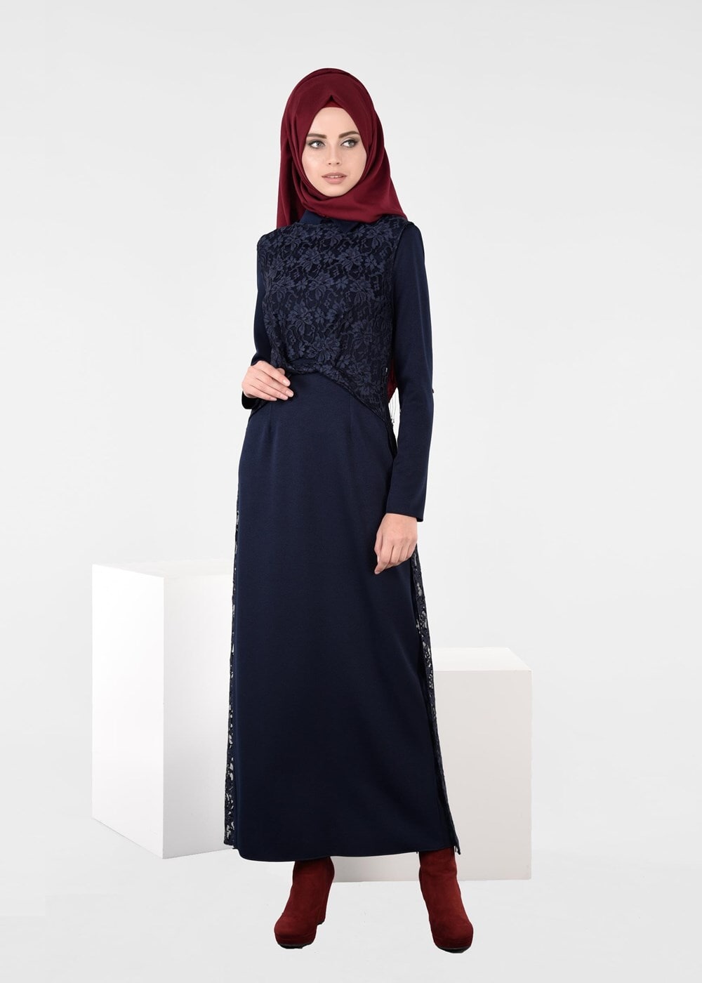 Tesettür giyim LACİVERT DANTEL DETAYLI 2&prime;Lİ ELBİSE 4701