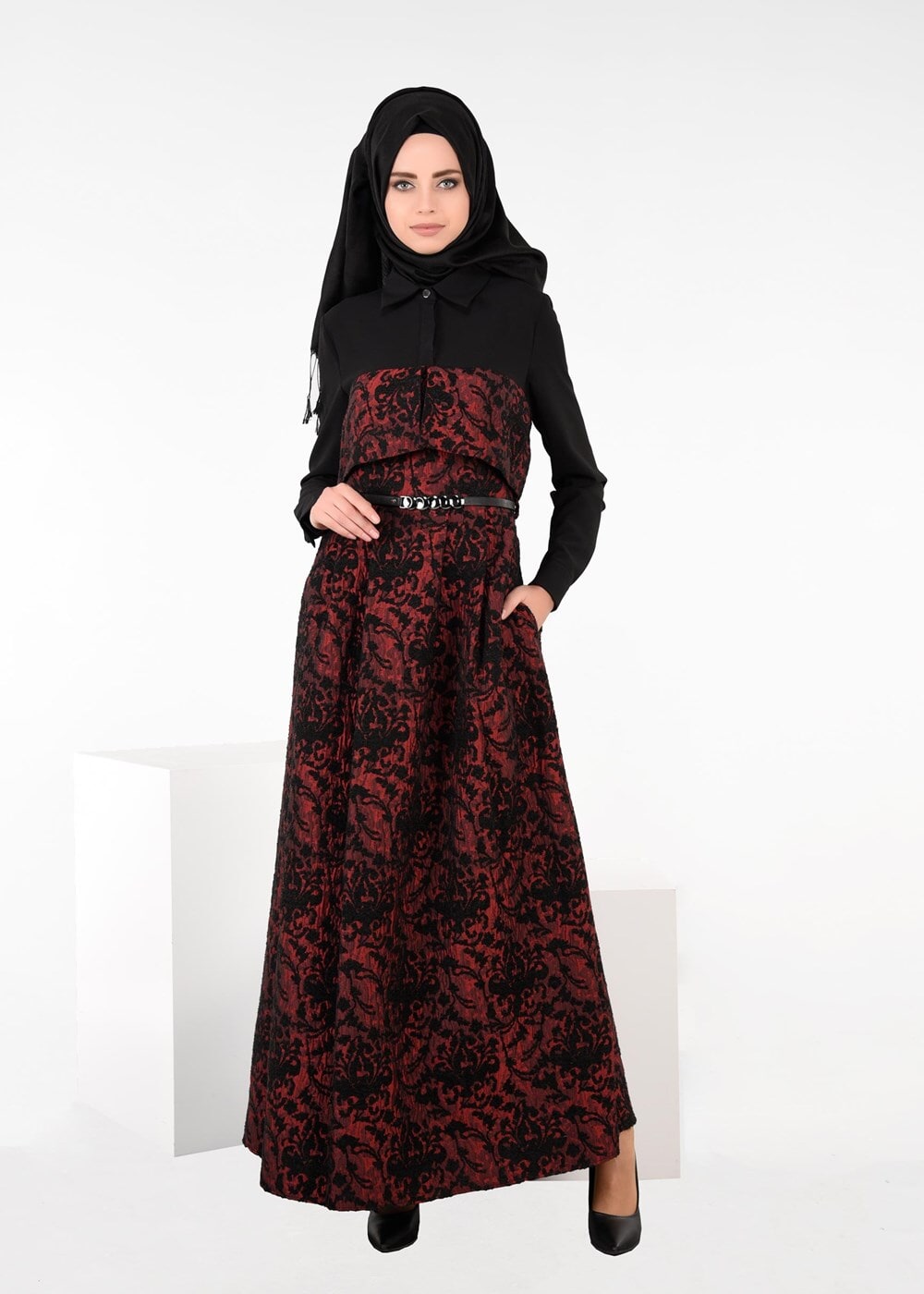 Tesettür giyim BORDO JAKARLI KLOŞ ELBİSE 4795 