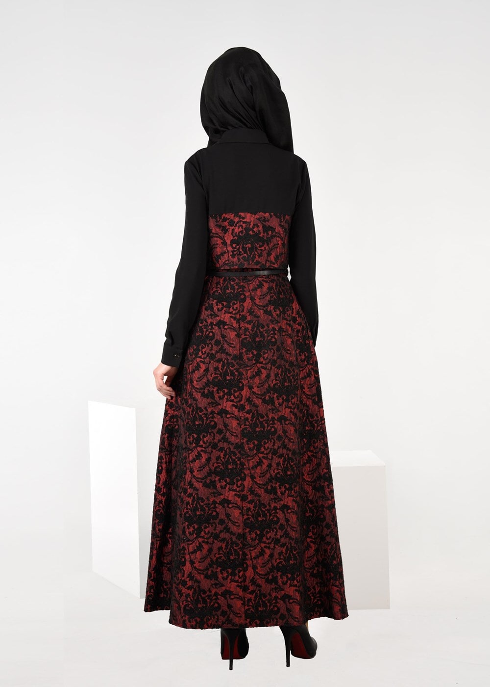 Tesettür giyim BORDO JAKARLI KLOŞ ELBİSE 4795 