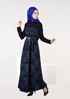 Tesettür giyim LACİVERT JAKARLI KLOŞ ELBİSE 4795 