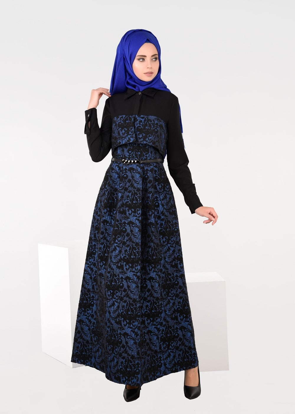 Tesettür giyim LACİVERT JAKARLI KLOŞ ELBİSE 4795 