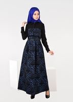 Tesettür giyim LACİVERT JAKARLI KLOŞ ELBİSE 4795 