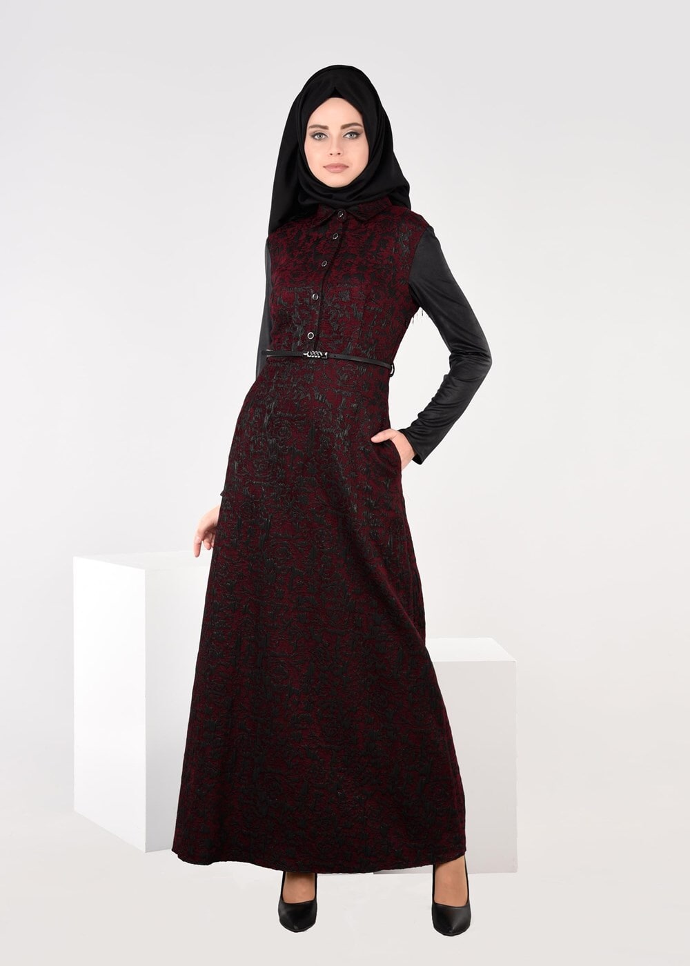 Hijab clothing CLARET RED SNAP DETAILED DRESS 4796 