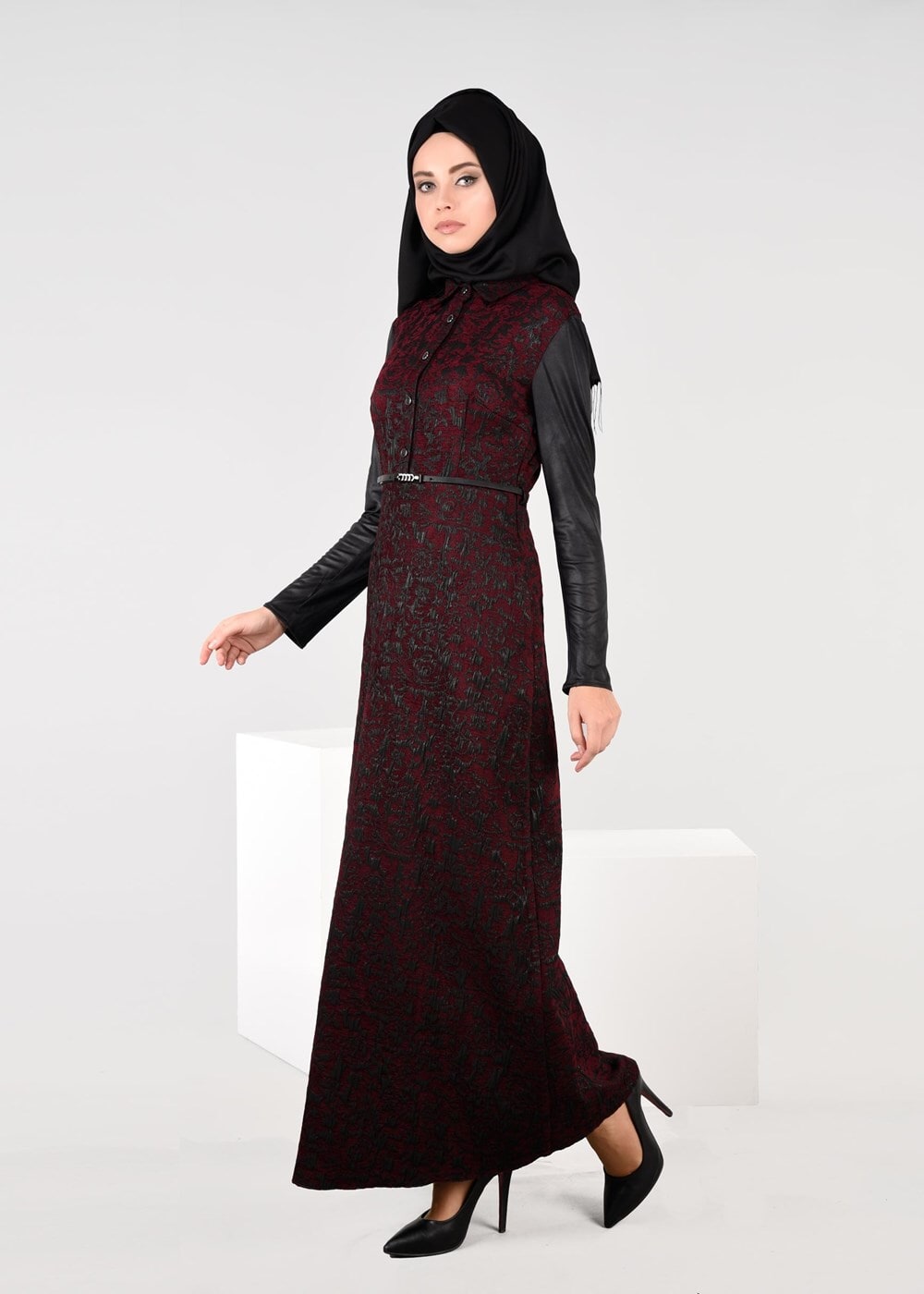 Tesettür giyim BORDO ÇITÇITLI JAKARLI ELBİSE 4796