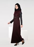 Tesettür giyim BORDO ÇITÇITLI JAKARLI ELBİSE 4796