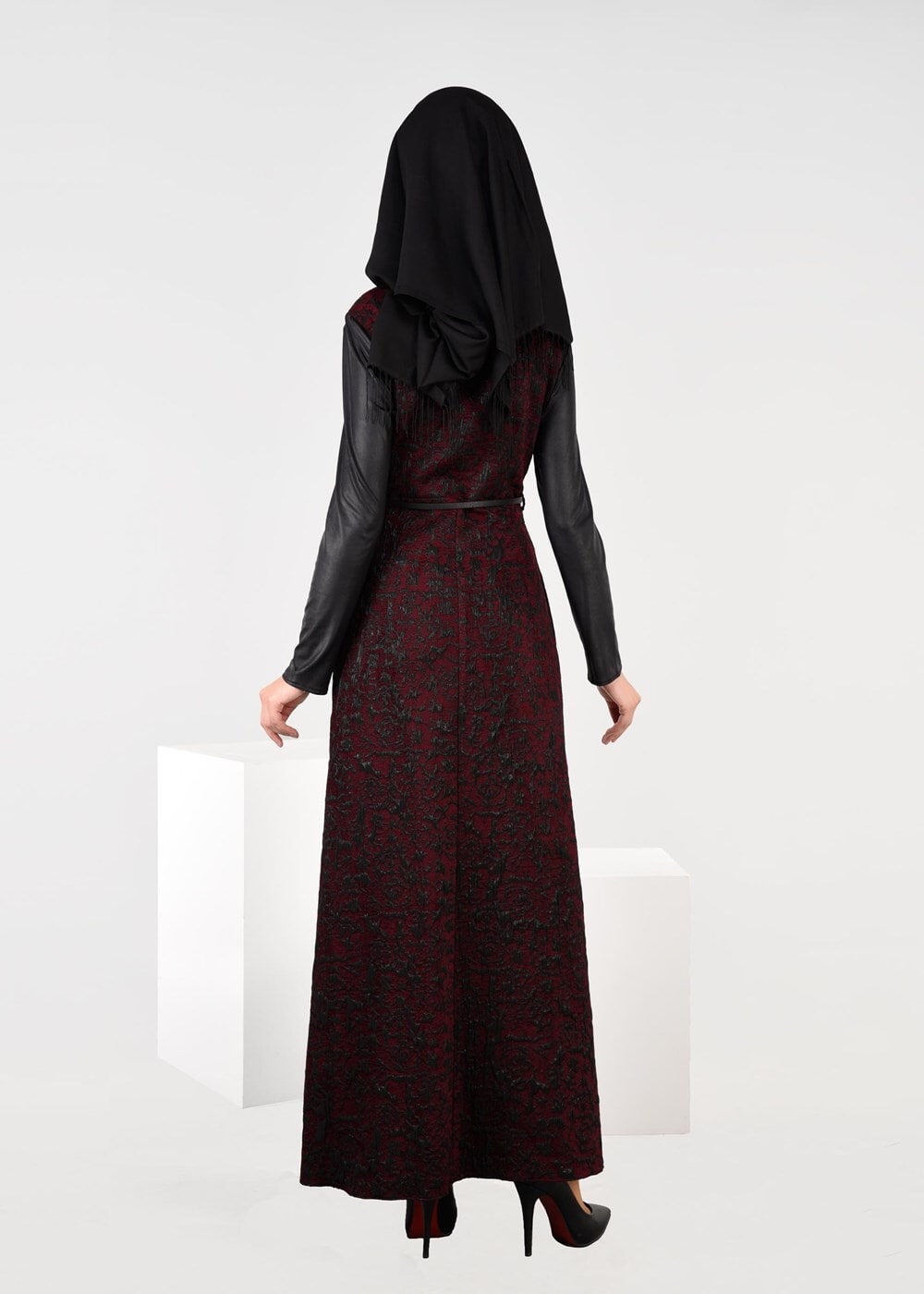 Tesettür giyim BORDO ÇITÇITLI JAKARLI ELBİSE 4796