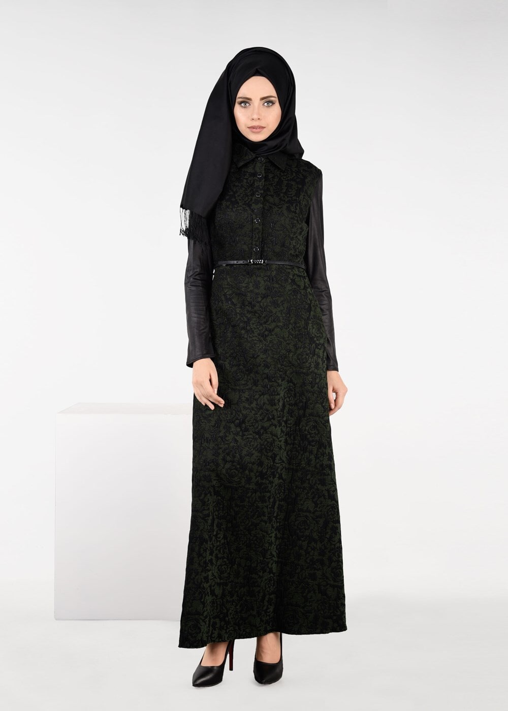 Tesettür giyim HAKİ ÇITÇITLI JAKARLI ELBİSE 4796