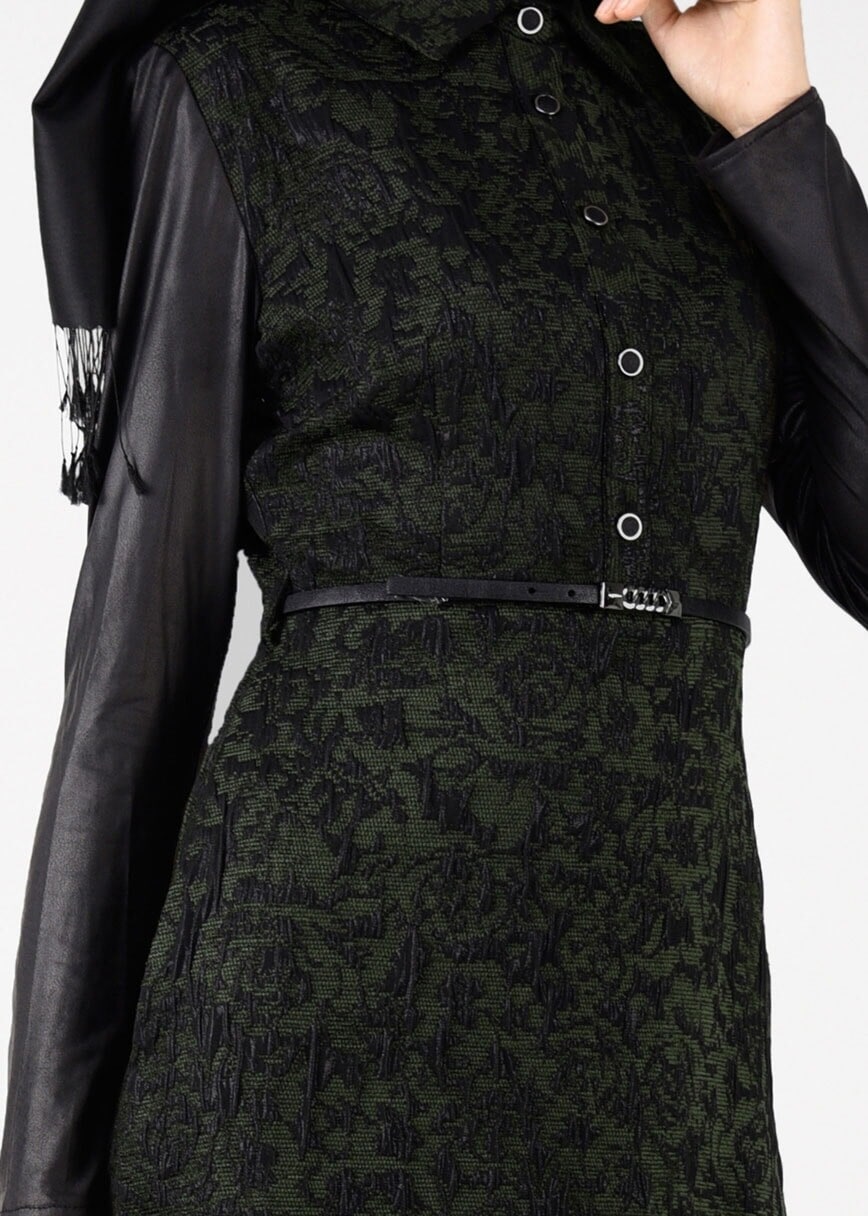 Tesettür giyim HAKİ ÇITÇITLI JAKARLI ELBİSE 4796