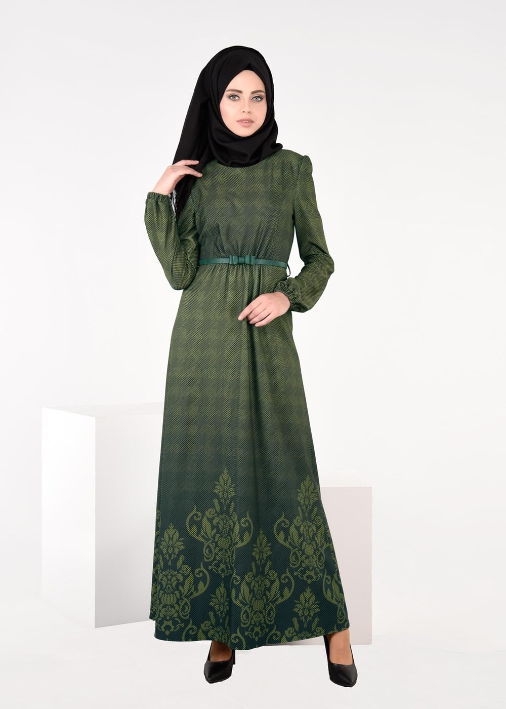 Tesettür giyim HAKİ EKOSE DEGRADELİ ELBİSE 4848