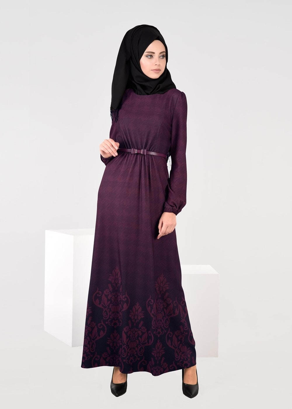 Tesettür giyim MÜRDÜM EKOSE DEGRADELİ ELBİSE 4848