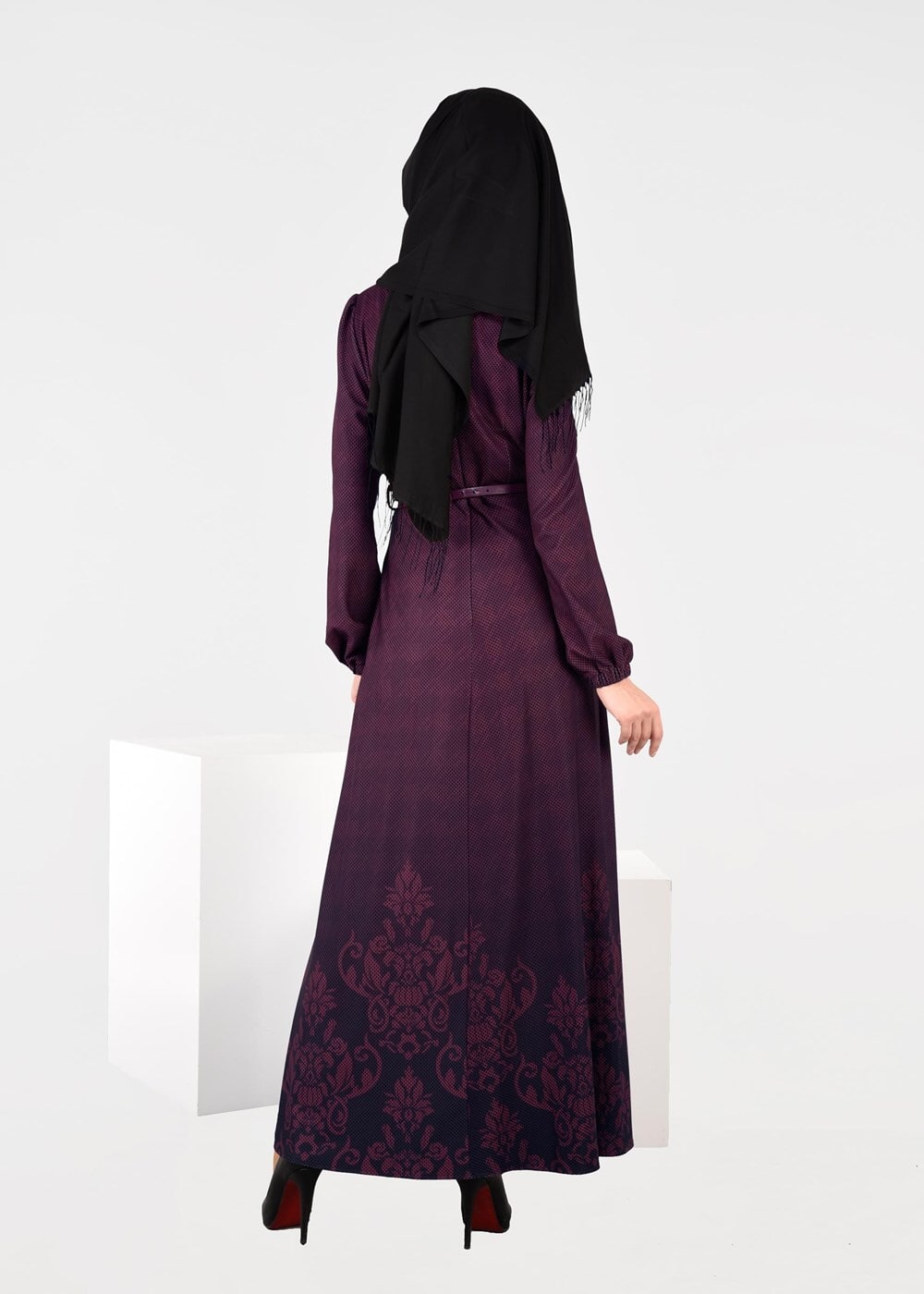 Tesettür giyim MÜRDÜM EKOSE DEGRADELİ ELBİSE 4848