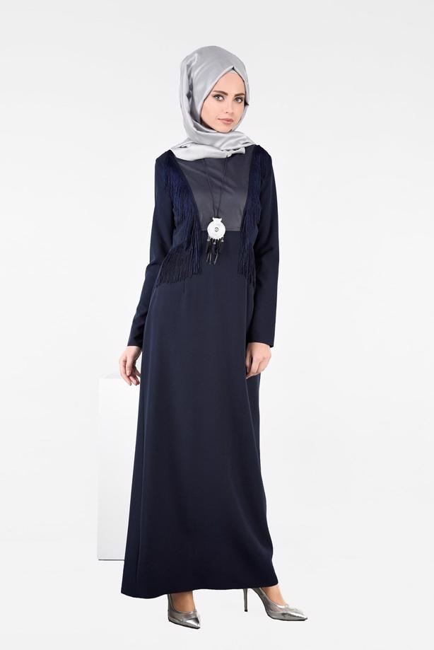 Tesettür giyim LACİVERT PÜSKÜL DETAYLI ELBİSE 4849 - TRENDTESETTÜR