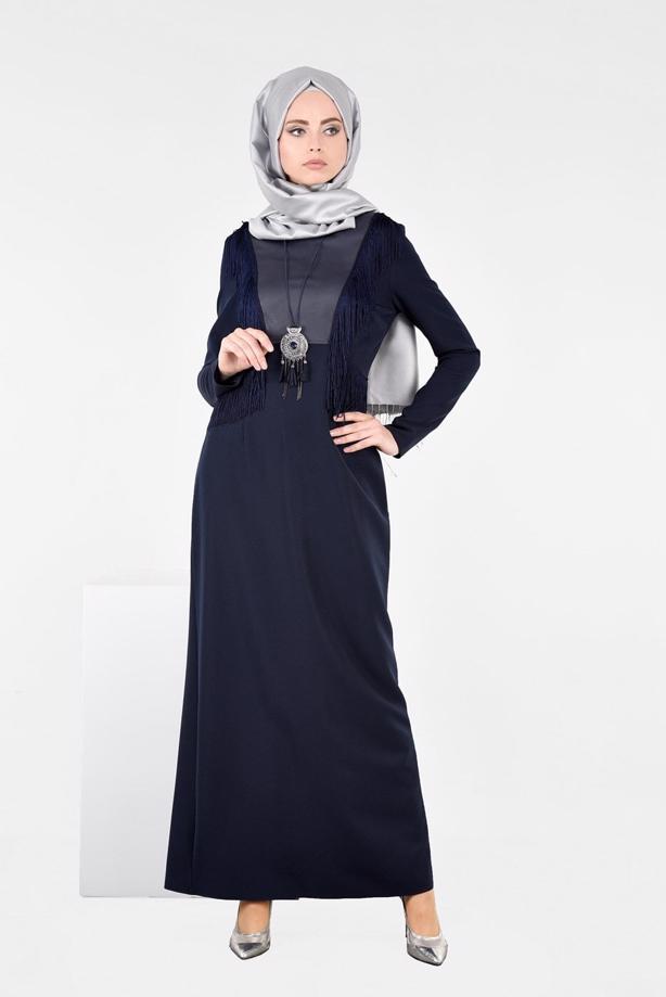 Tesettür giyim LACİVERT PÜSKÜL DETAYLI ELBİSE 4849 - TRENDTESETTÜR