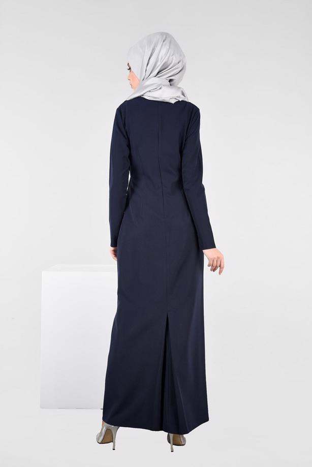 Tesettür giyim LACİVERT PÜSKÜL DETAYLI ELBİSE 4849 - TRENDTESETTÜR