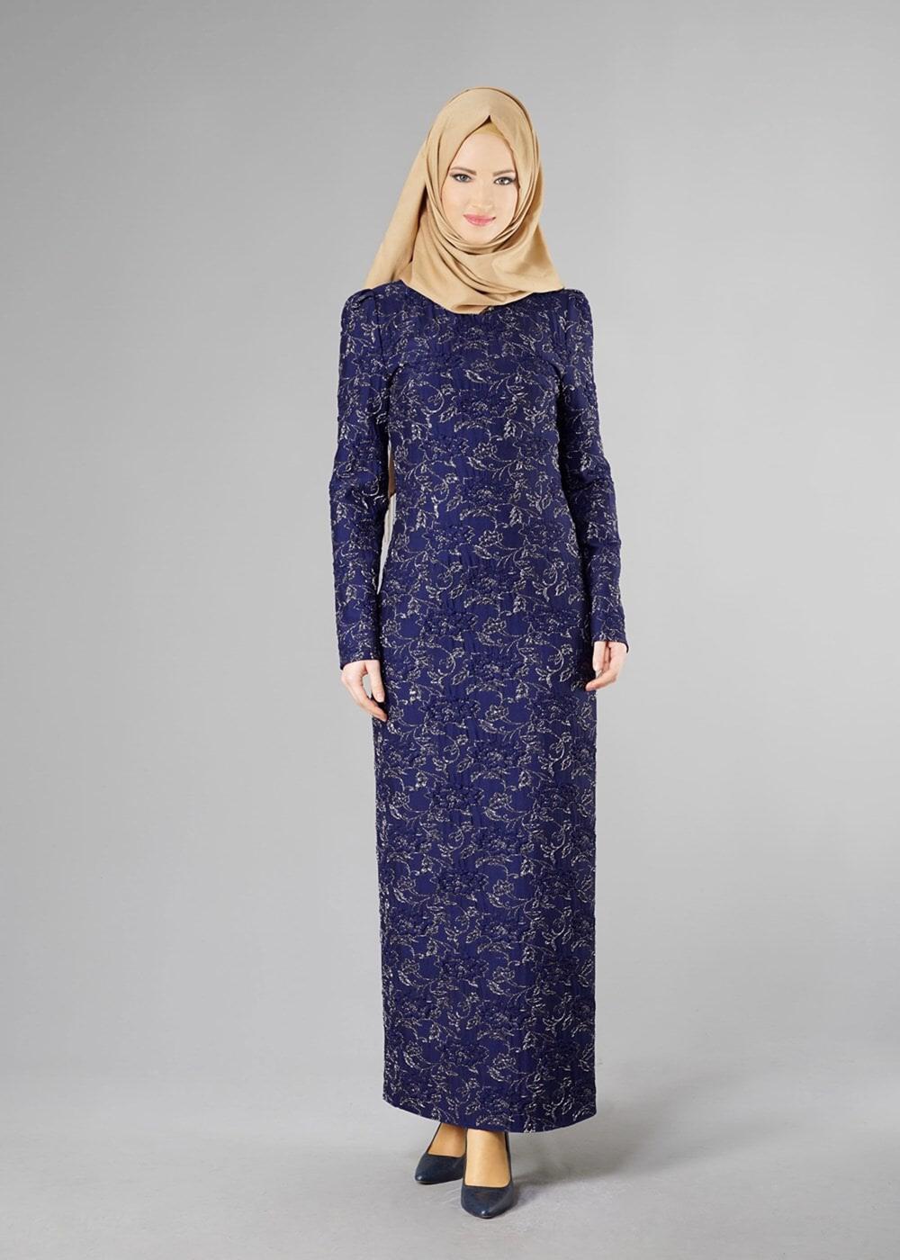 Tesettür giyim LACİVERT DESENLİ HAKİM YAKA ELBİSE T 4879