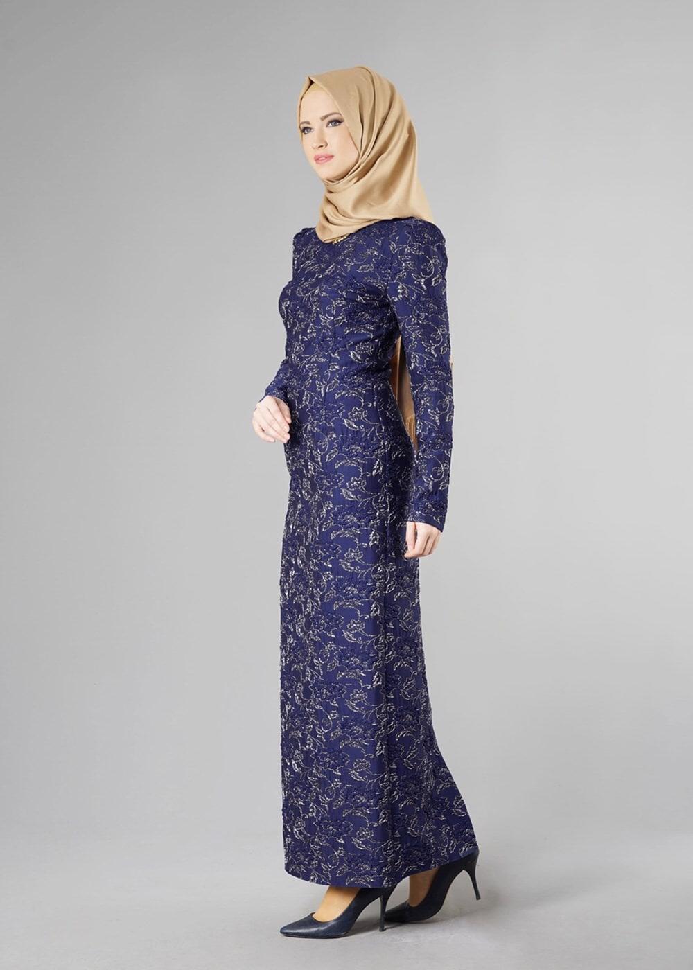 Tesettür giyim LACİVERT DESENLİ HAKİM YAKA ELBİSE T 4879