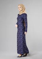 Tesettür giyim LACİVERT DESENLİ HAKİM YAKA ELBİSE T 4879
