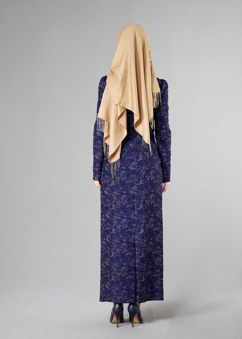 Tesettür giyim LACİVERT DESENLİ HAKİM YAKA ELBİSE T 4879