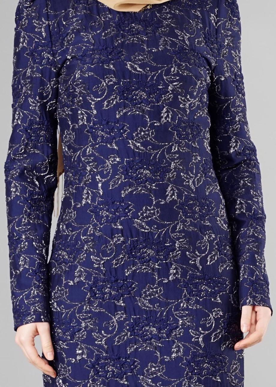 Tesettür giyim LACİVERT DESENLİ HAKİM YAKA ELBİSE T 4879