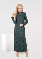 Tesettür giyim YEŞİL DESENLİ HAKİM YAKA ELBİSE T 4879