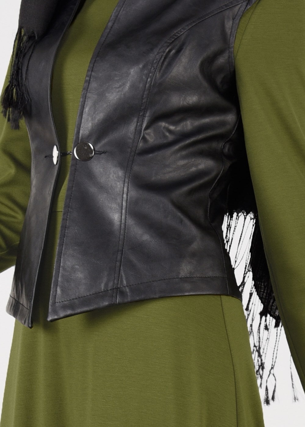 Tesettür giyim YEŞİL SUNİ DERİ YELEKLİ 2Lİ ELBİSE TAKIM 4895