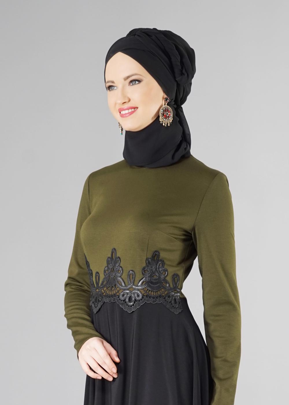 Tesettür giyim HAKİ GÜPÜRLÜ ÇİFT RENK KLOŞ ELBİSE 4902