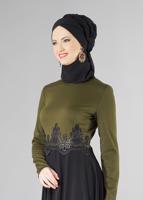 Tesettür giyim HAKİ GÜPÜRLÜ ÇİFT RENK KLOŞ ELBİSE 4902