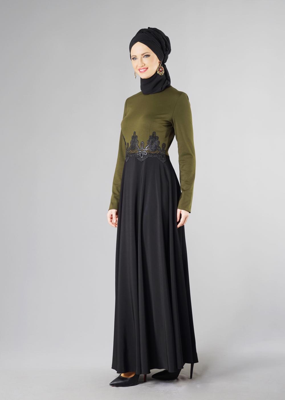 Tesettür giyim HAKİ GÜPÜRLÜ ÇİFT RENK KLOŞ ELBİSE 4902