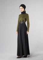 Tesettür giyim HAKİ GÜPÜRLÜ ÇİFT RENK KLOŞ ELBİSE 4902