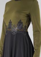 Tesettür giyim HAKİ GÜPÜRLÜ ÇİFT RENK KLOŞ ELBİSE 4902