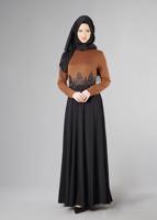 Tesettür giyim KAHVE GÜPÜRLÜ ÇİFT RENK KLOŞ ELBİSE 4902