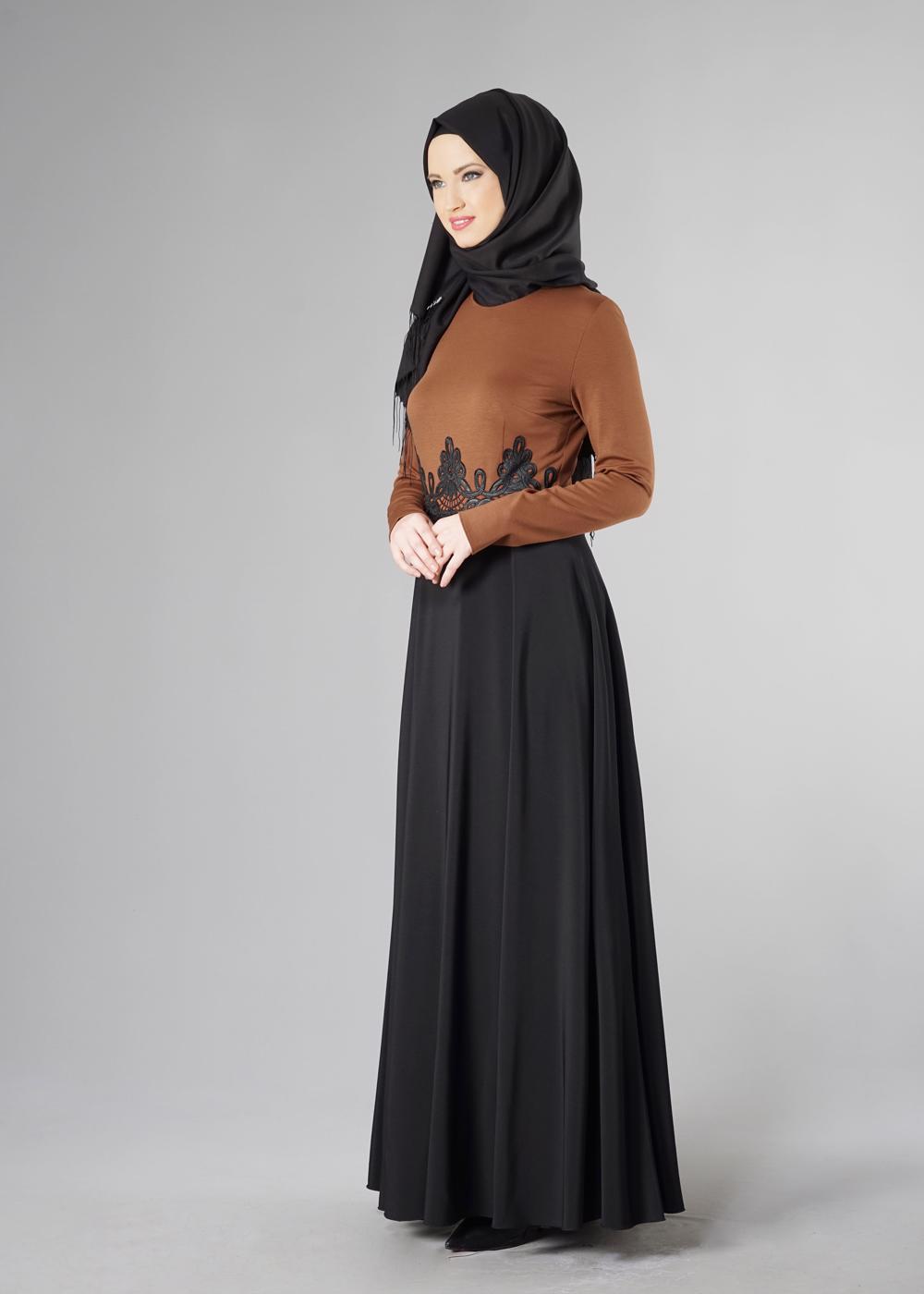 Tesettür giyim KAHVE GÜPÜRLÜ ÇİFT RENK KLOŞ ELBİSE 4902