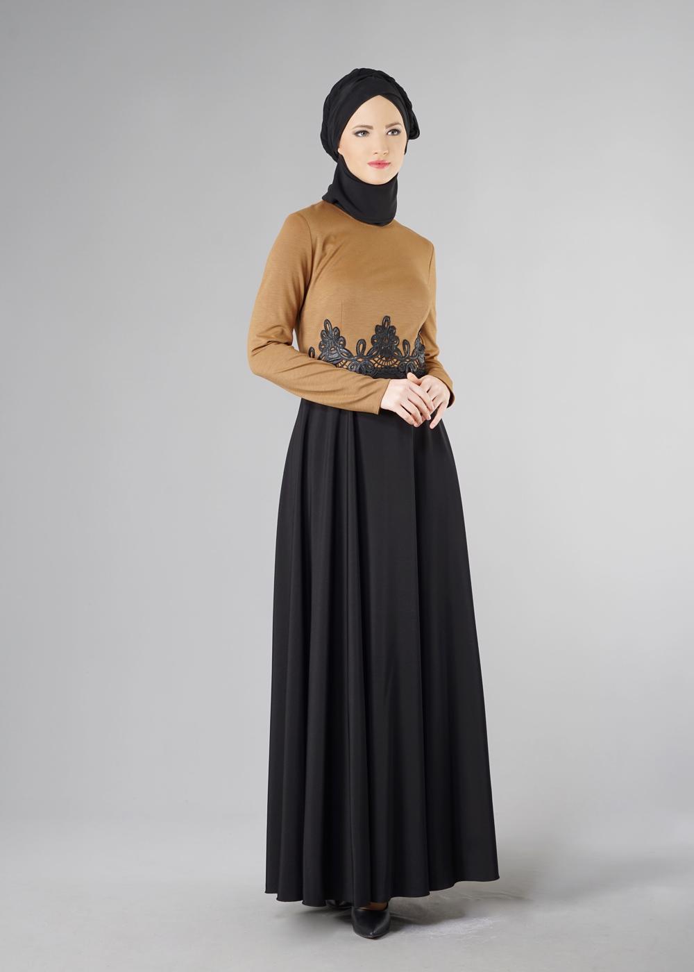 Tesettür giyim KAHVE GÜPÜRLÜ ÇİFT RENK KLOŞ ELBİSE 4902