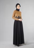 Tesettür giyim KAHVE GÜPÜRLÜ ÇİFT RENK KLOŞ ELBİSE 4902