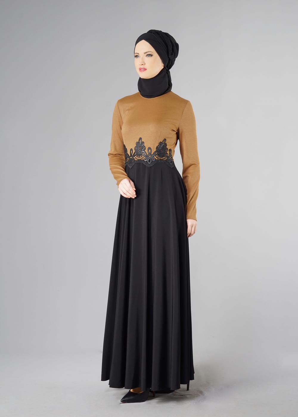 Tesettür giyim KAHVE GÜPÜRLÜ ÇİFT RENK KLOŞ ELBİSE 4902