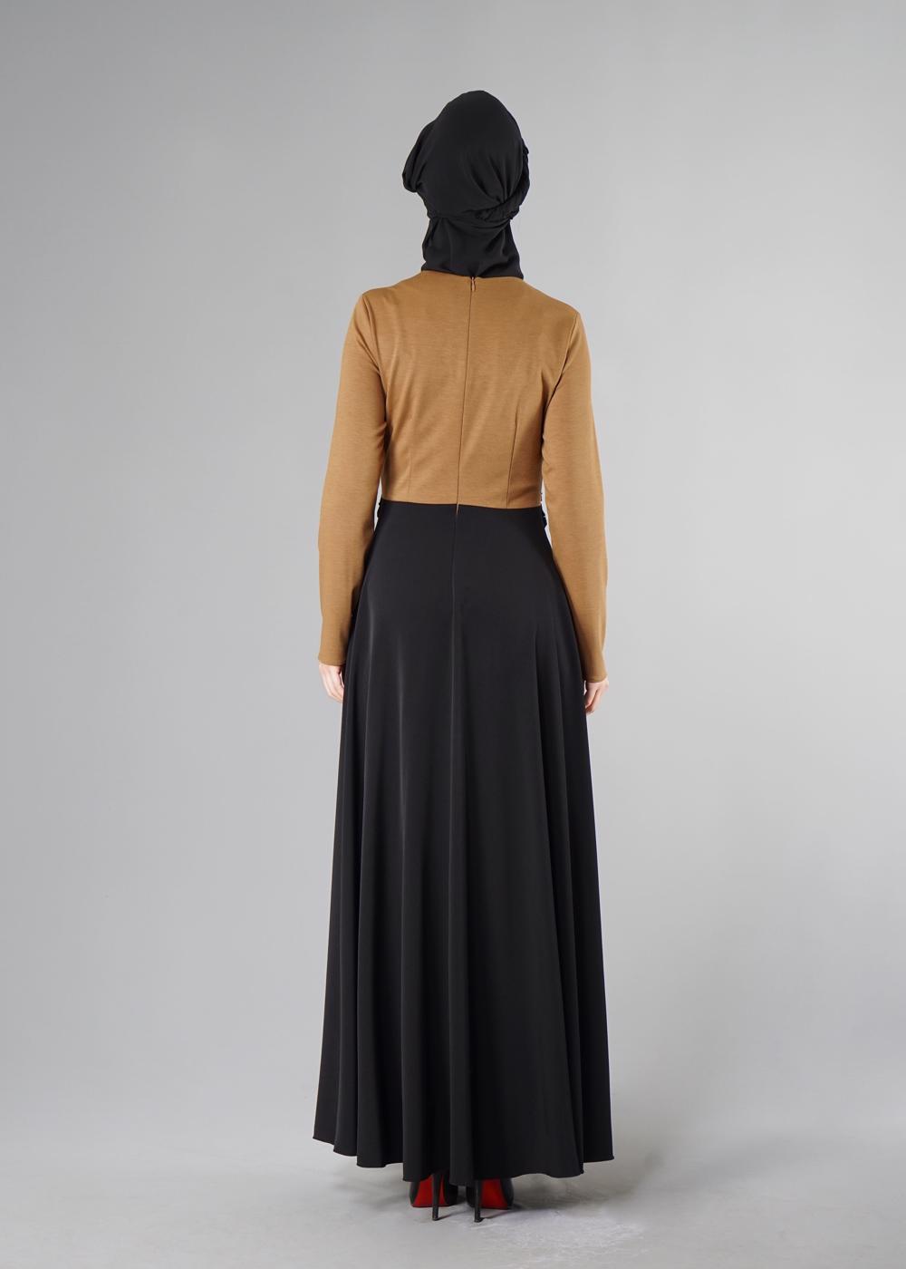 Tesettür giyim KAHVE GÜPÜRLÜ ÇİFT RENK KLOŞ ELBİSE 4902