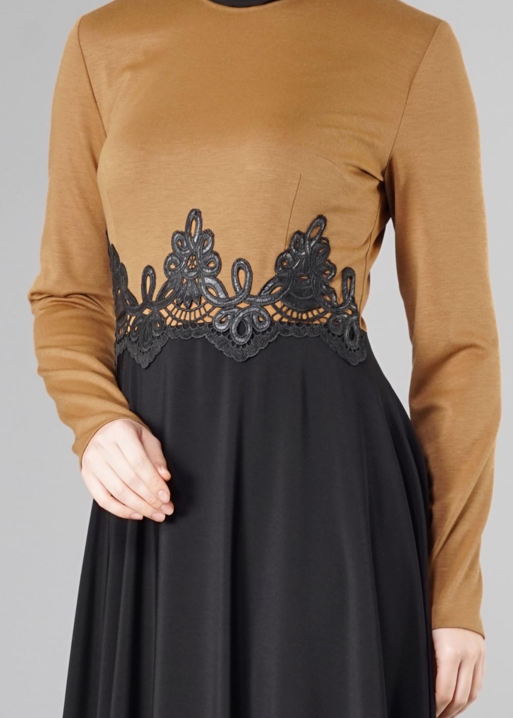 Tesettür giyim KAHVE GÜPÜRLÜ ÇİFT RENK KLOŞ ELBİSE 4902