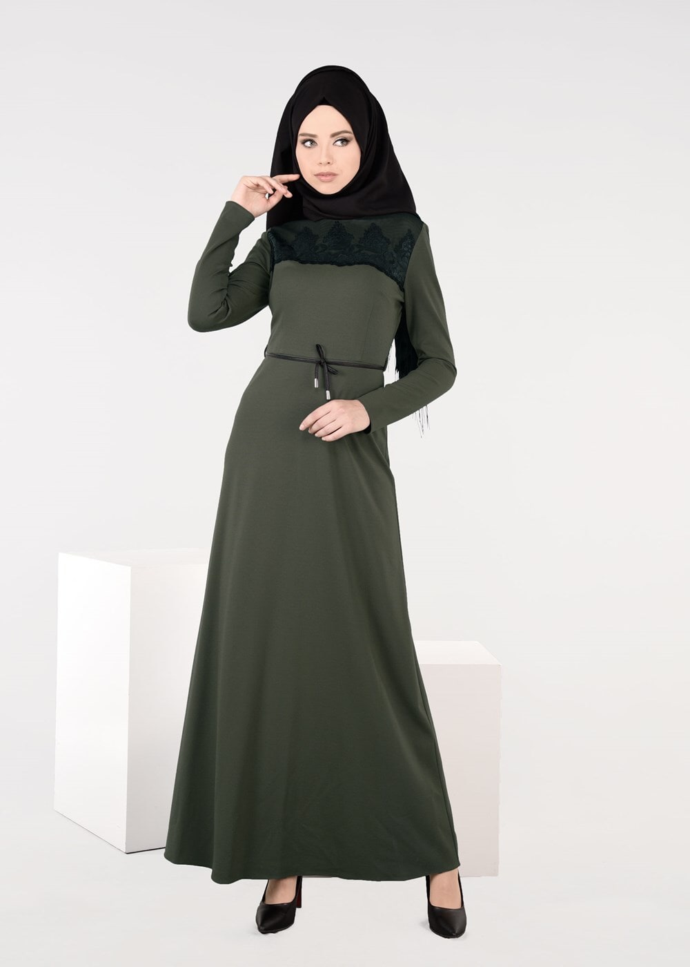 Hijab clothing KHAKI LACY DRESS 4904