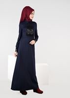 Tesettür giyim LACİVERT GÜPÜR İŞLEMELİ ELBİSE 4907 