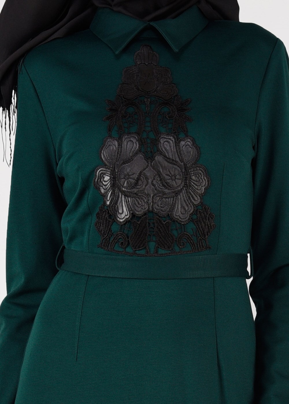 Tesettür giyim YEŞİL GÜPÜR İŞLEMELİ ELBİSE 4907 