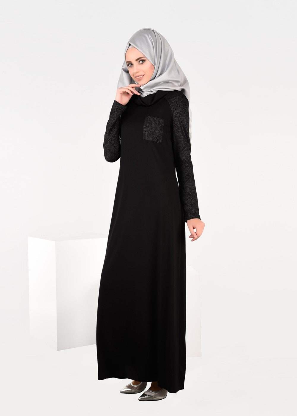 Tesettür giyim SİYAH ŞAL YAKA CEPLİ ELBİSE 4938