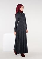 Tesettür giyim LACİVERT YAKASI KUŞ GÖZÜ DETAYLI KEMERLİ ELBİSE 4946