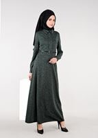 Tesettür giyim YEŞİL YAKASI KUŞ GÖZÜ DETAYLI KEMERLİ ELBİSE 4946