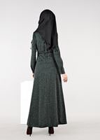 Tesettür giyim YEŞİL YAKASI KUŞ GÖZÜ DETAYLI KEMERLİ ELBİSE 4946