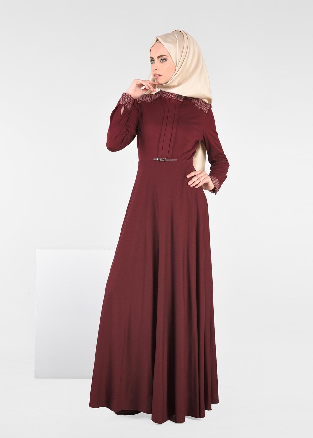 Tesettür giyim BORDO KLOŞ ELBİSE 4961