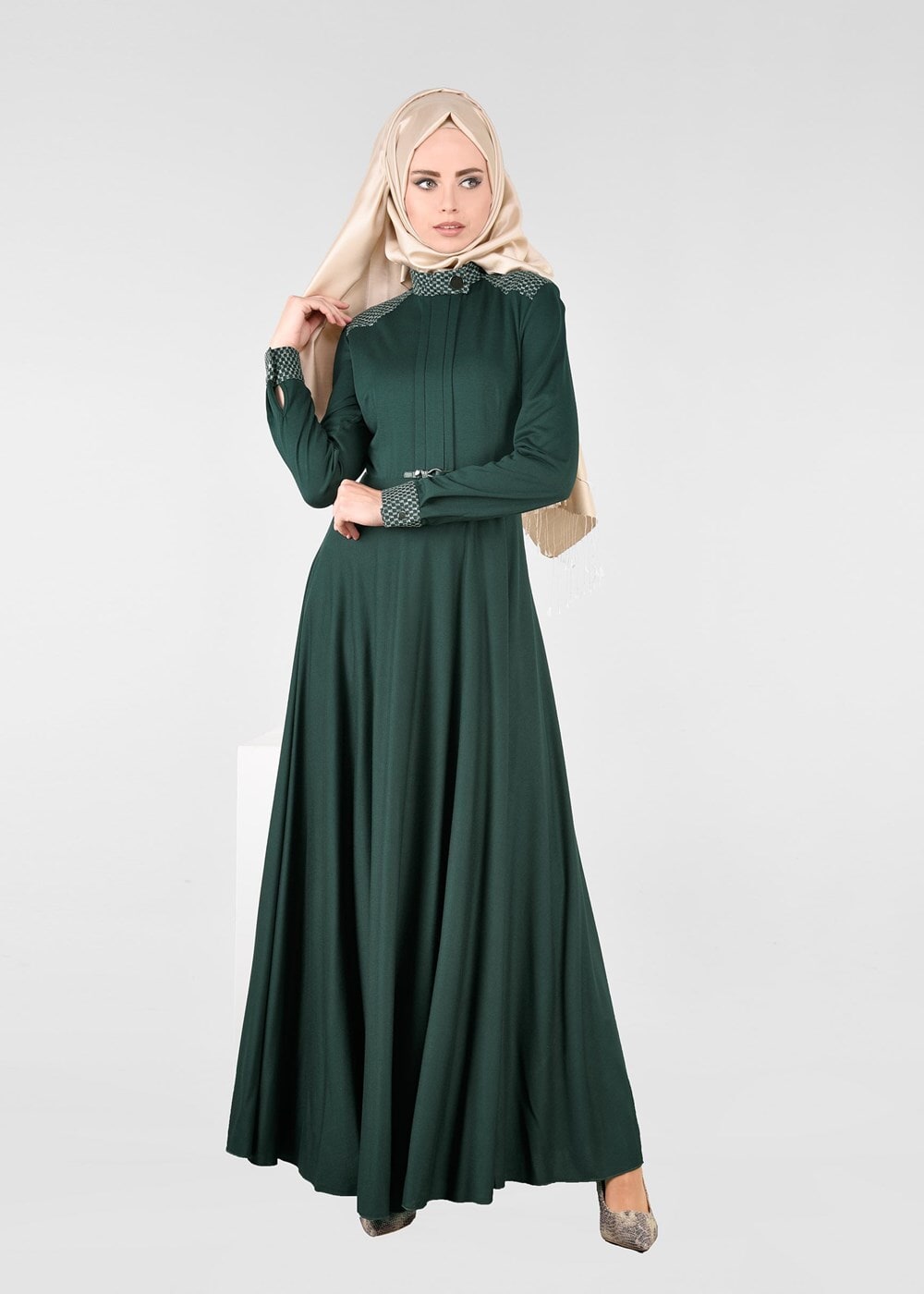 Tesettür giyim YEŞİL KLOŞ ELBİSE 4961